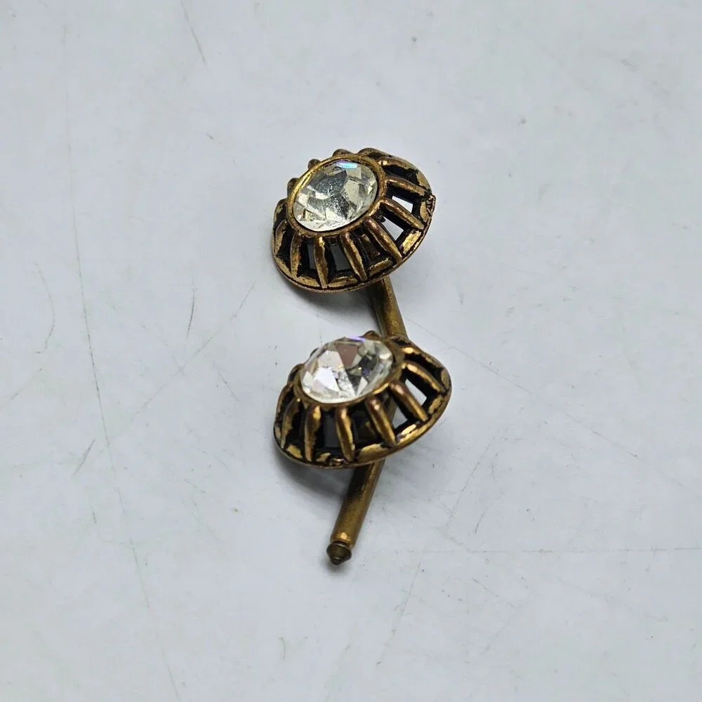 Vintage Art Deco Gold Tone Cufflinks With Clear Glass Rhinestones